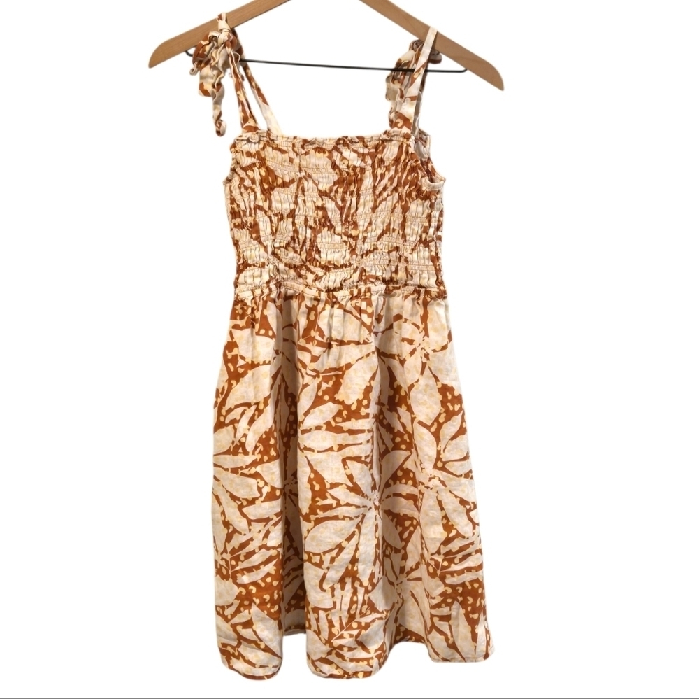 Nicole Miller 100% Linen Smocked Floral Mini Sun Dress Coastal Boho Summer Large